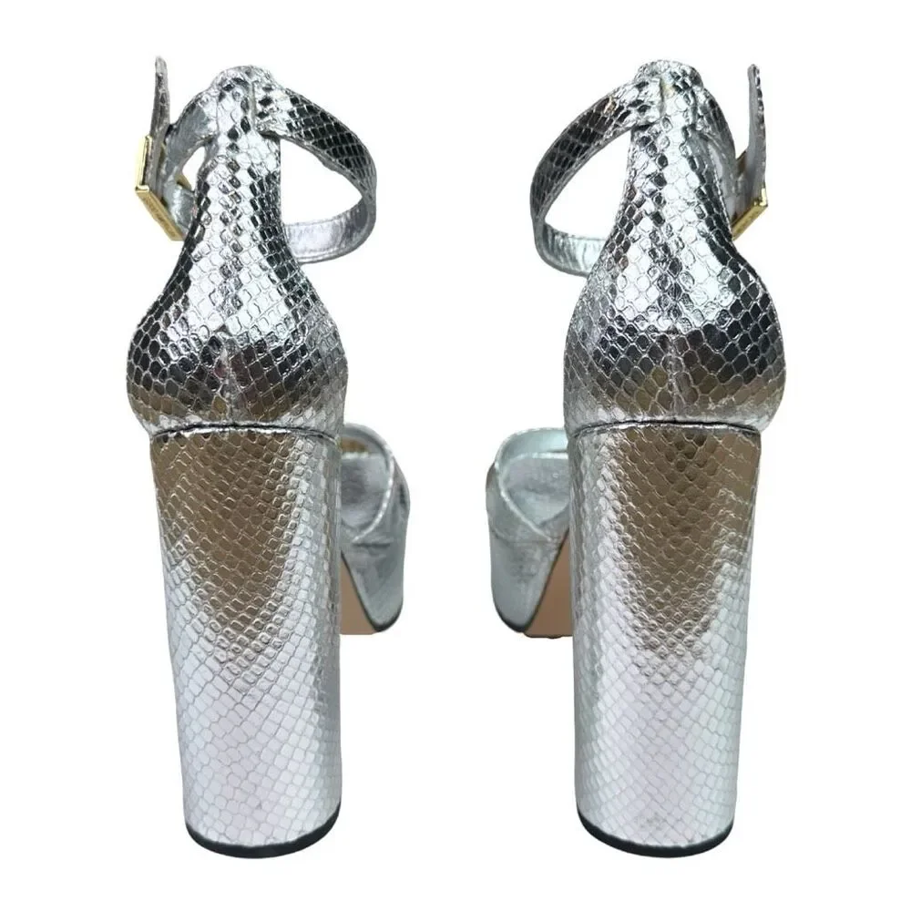 Good American Silver Snake Embossed Open Toe Platform Sandals - Size 8